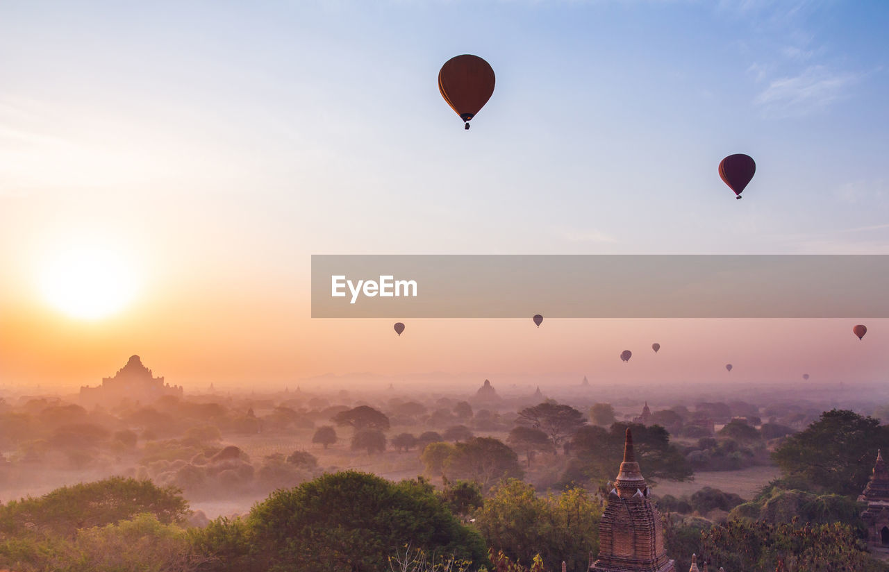 View of hot air balloon at sunset