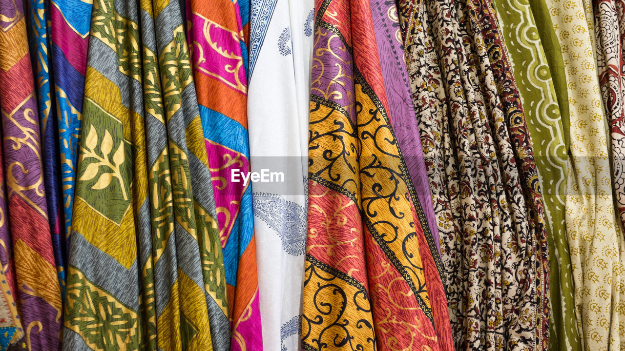 Full frame shot of colorful saris for sale in store