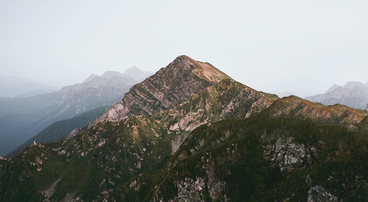 Scenic view of mountains during foggy weather