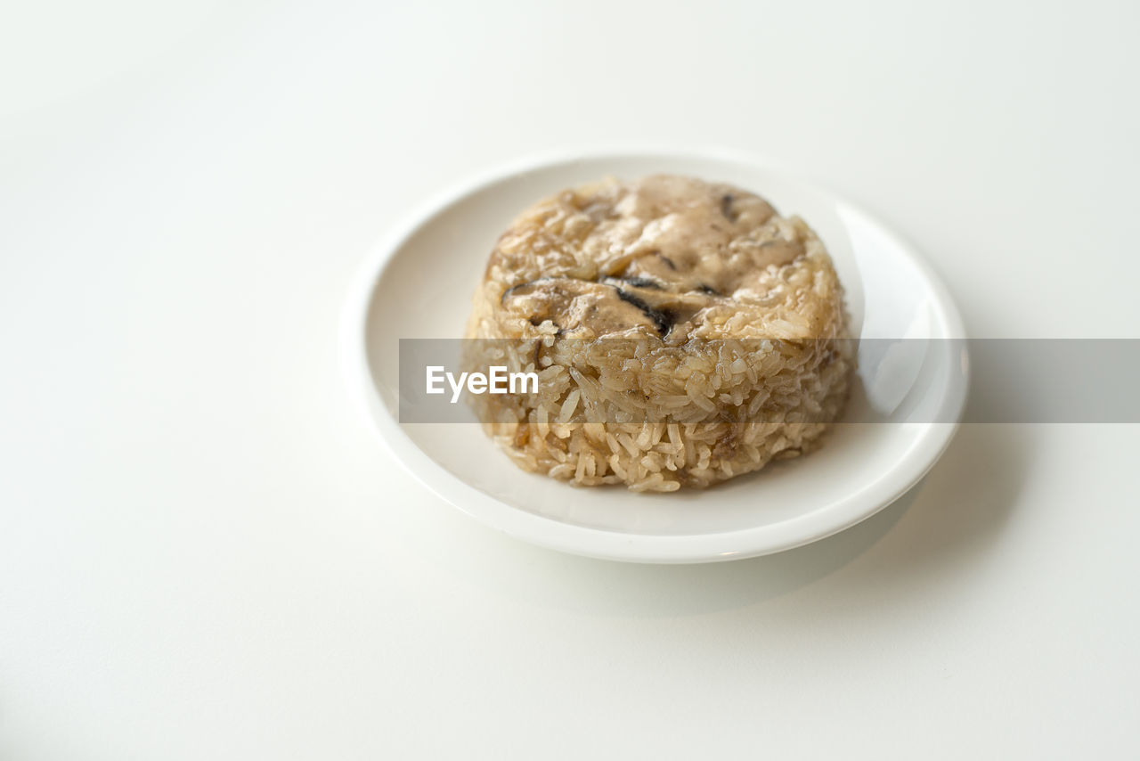 High angle view of breakfast in plate on table