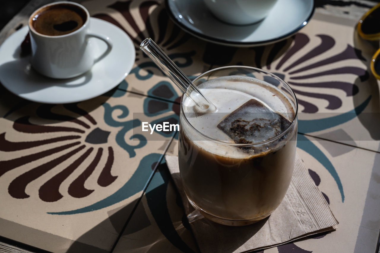 High angle view of coffee on table