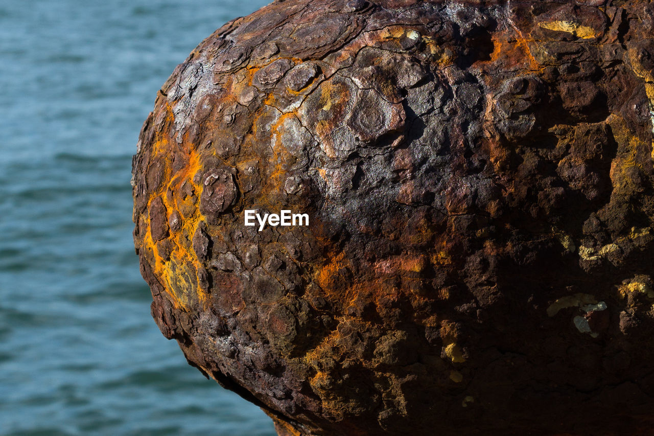 Close-up of rusty metal against tagus river