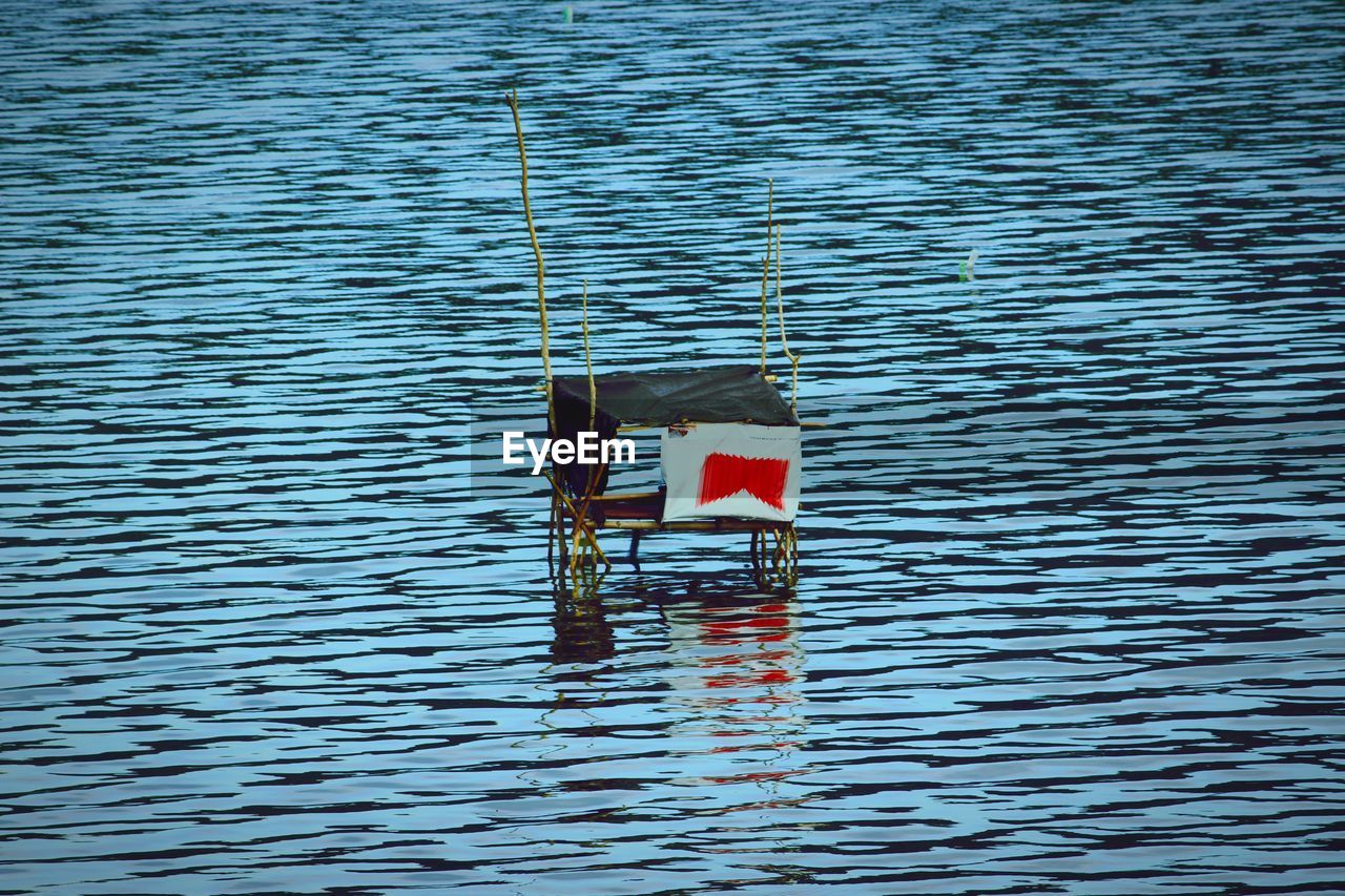 HIGH ANGLE VIEW OF FLAGS FLOATING ON WATER