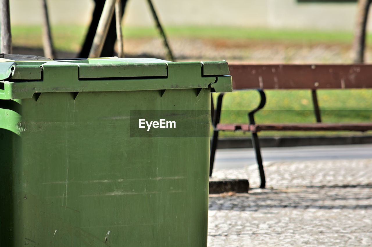 green, waste container, garbage bin, no people, day, nature, focus on foreground, environment, garbage can, recycling, outdoors, metal, environmental issues, environmental conservation, recycling bin