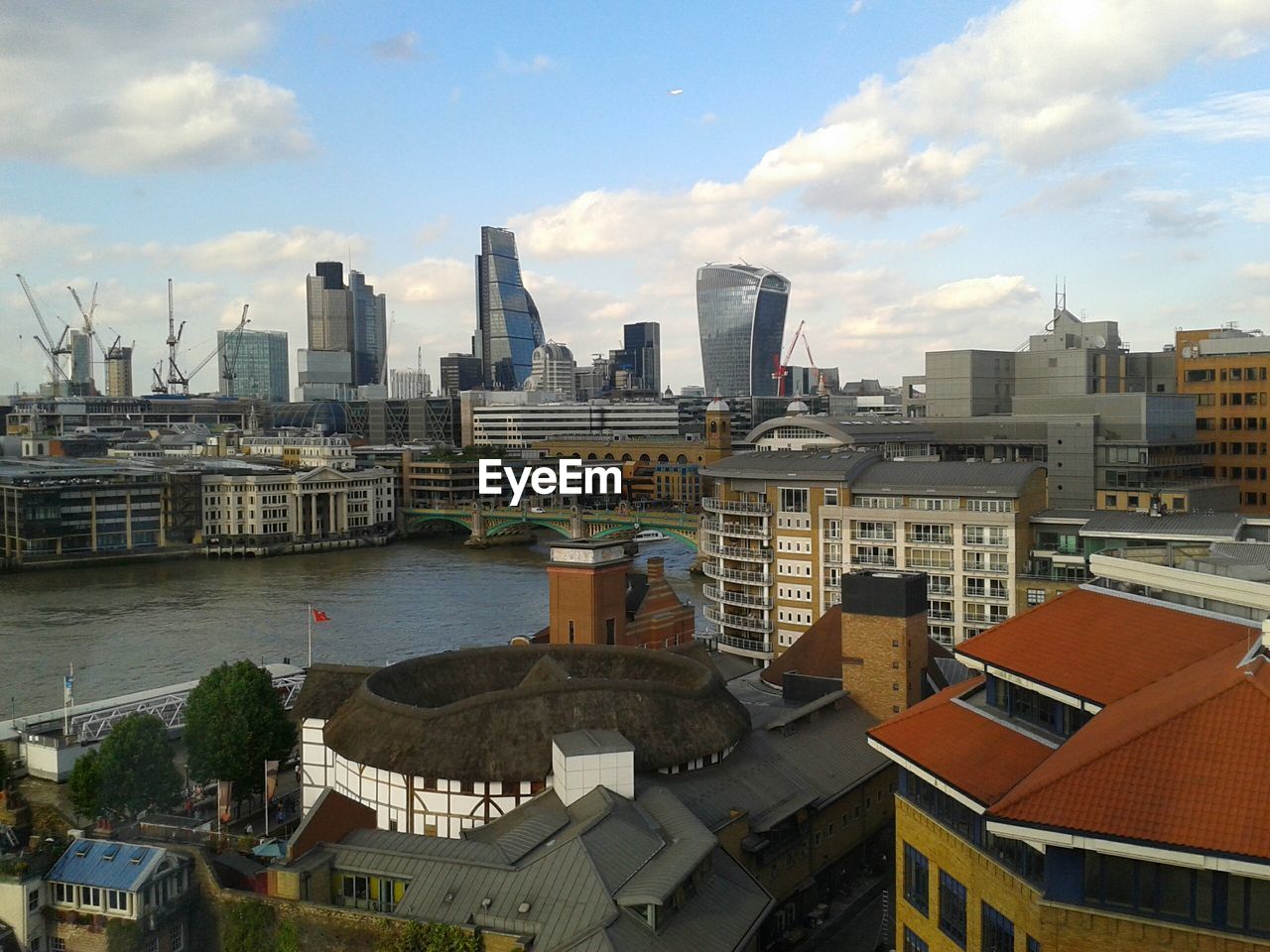 High angle view of river along buildings