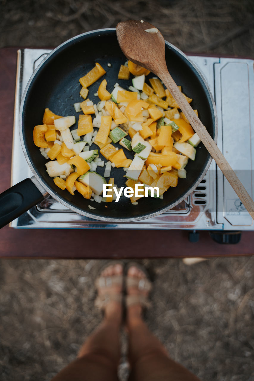 Directly above shot of vegetables in cooking pan