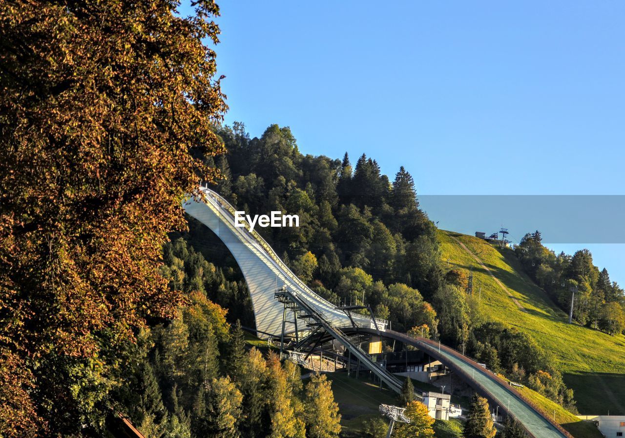 BRIDGE OVER TREES AGAINST CLEAR SKY