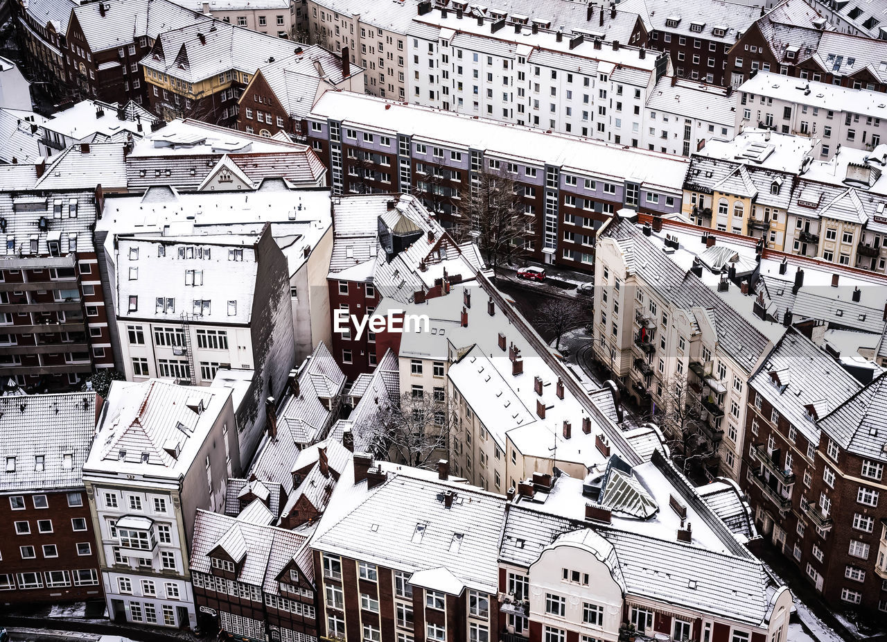 High angle view of cityscape during winter