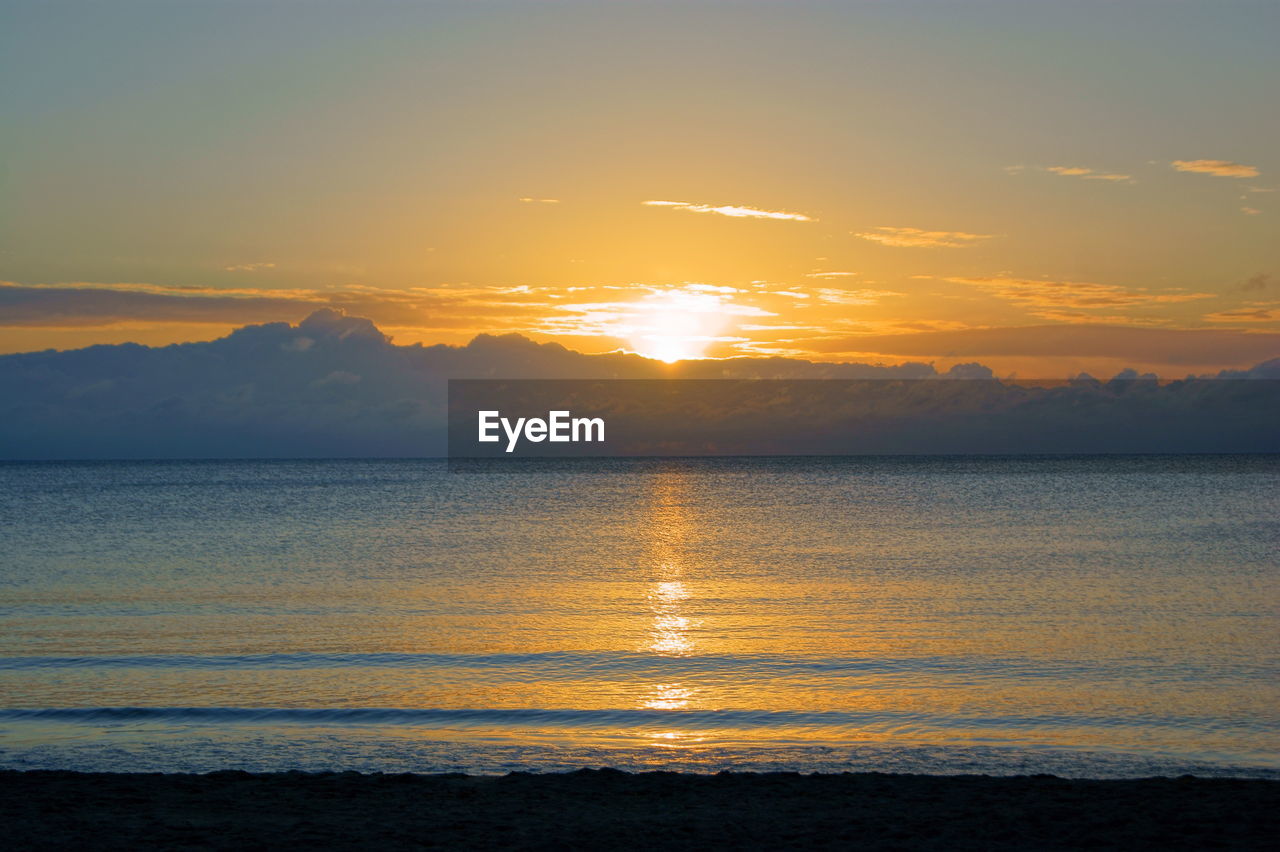 SCENIC VIEW OF SEA AGAINST CLOUDY SKY DURING SUNSET