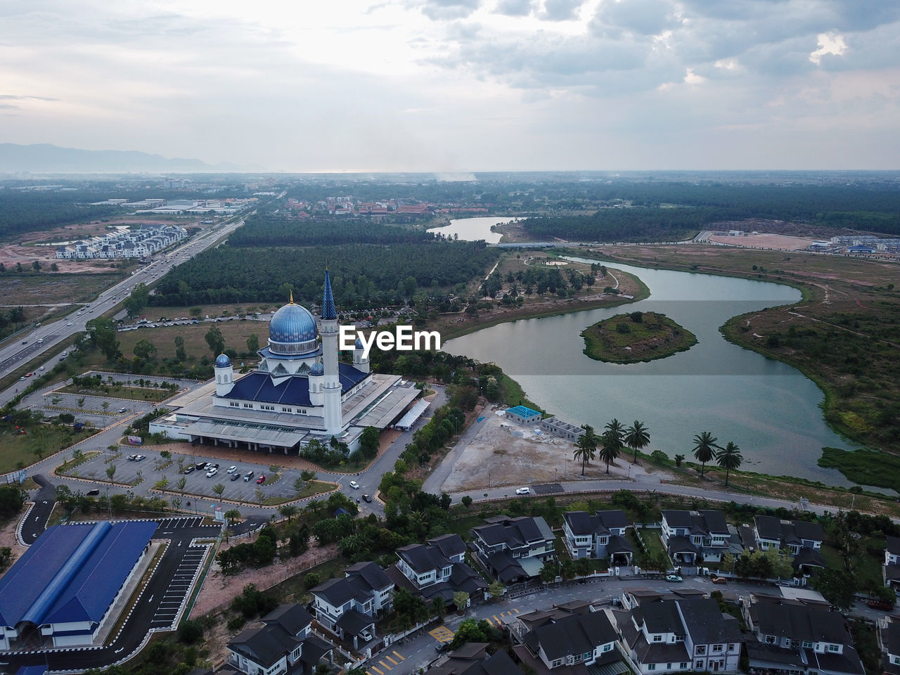 Aerial view abdullah fahim mosque in evening.