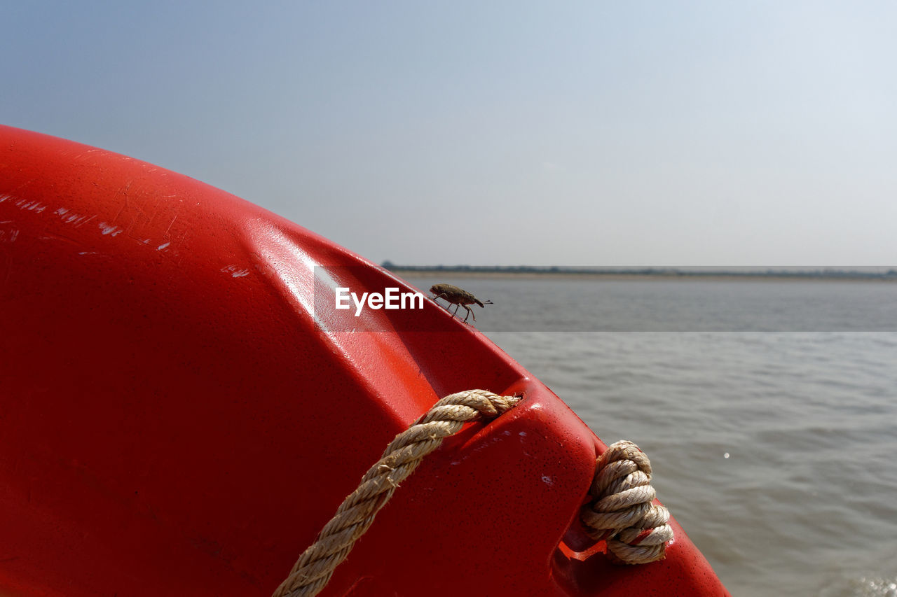 water, red, transportation, vehicle, nautical vessel, mode of transportation, nature, sea, sky, boat, clear sky, day, boating, buoy, copy space, outdoors, no people, travel, watercraft, scenics - nature