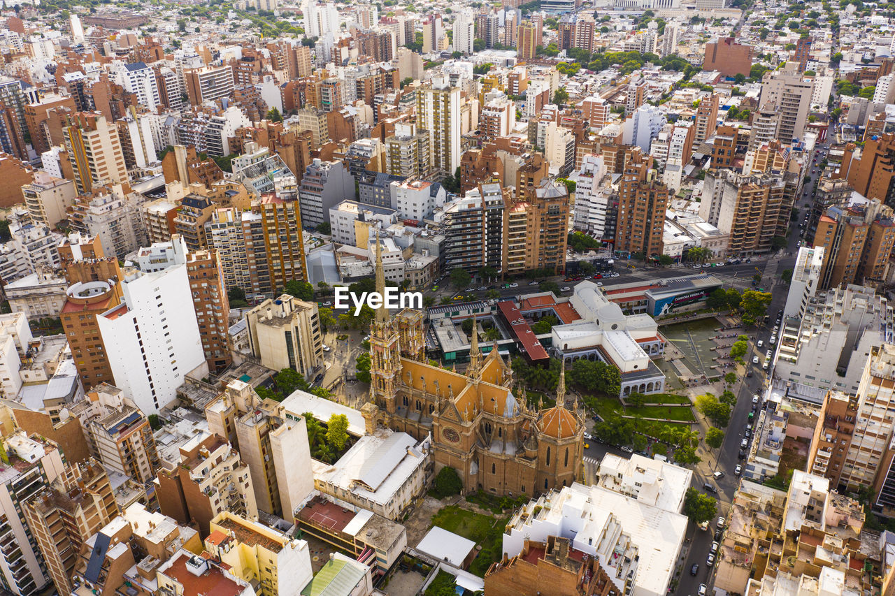 High angle view of modern buildings in city