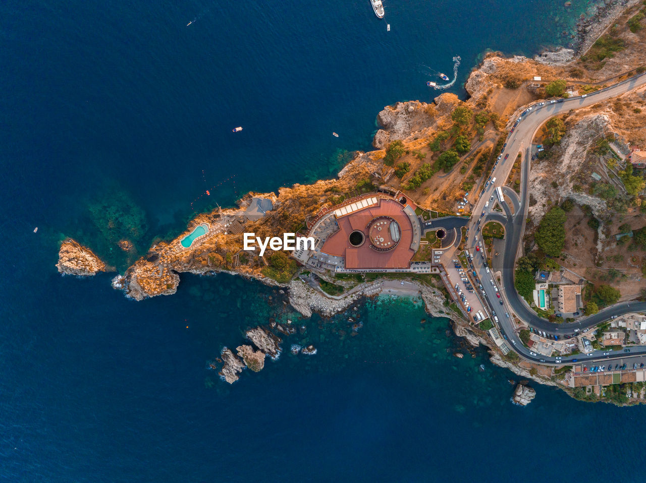 Panoramic aerial view of isola bella island and beach in taormina.