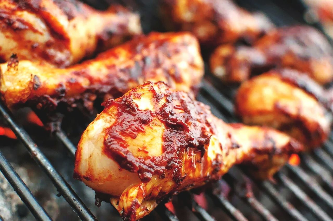 Close-up of chicken meat on grill