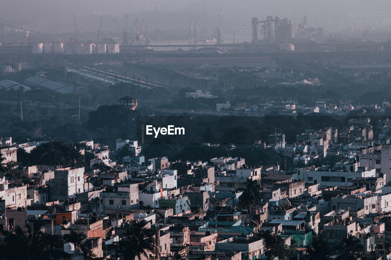 High angle view of buildings in city