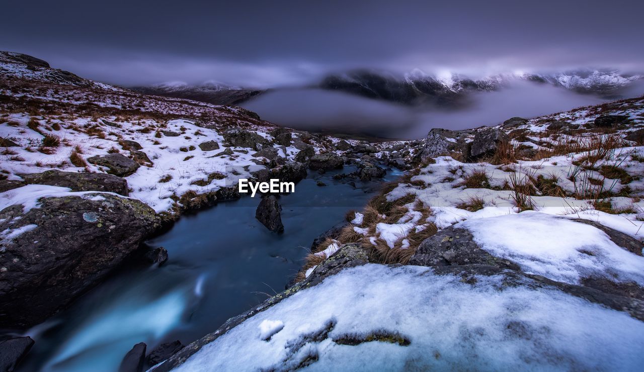 Scenic view of snow covered mountains against sky