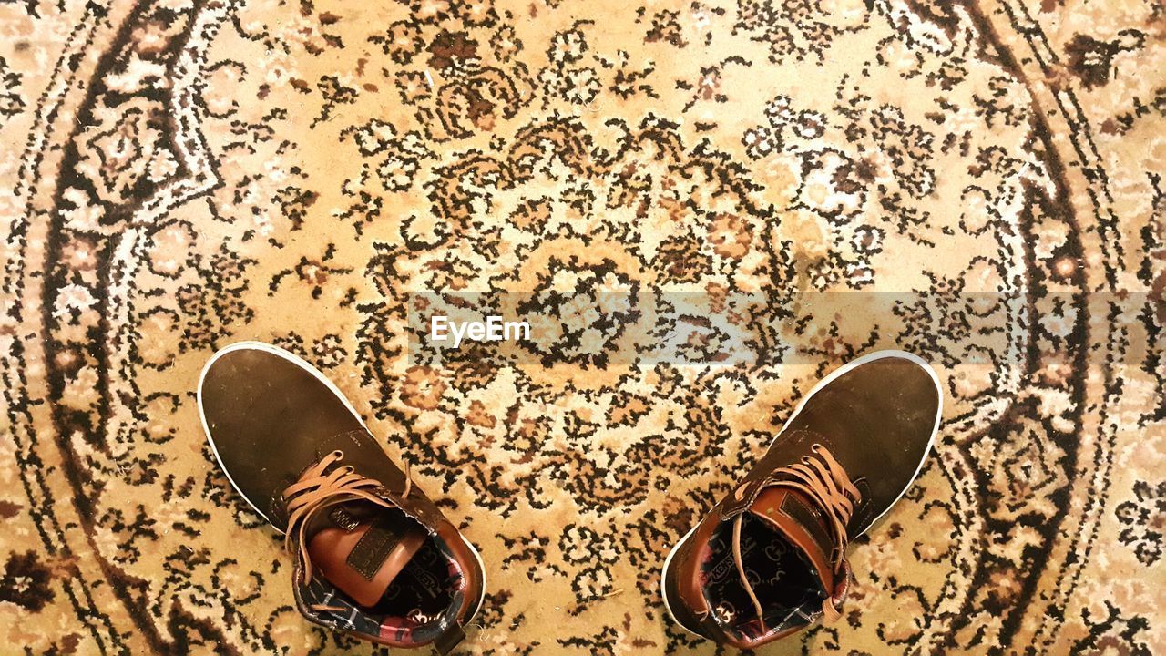 shoe, low section, one person, human body part, body part, human leg, real people, high angle view, standing, indoors, directly above, personal perspective, flooring, men, human foot, lifestyles, pattern, pair, floral pattern, tiled floor, dress shoe, personal accessory, human limb