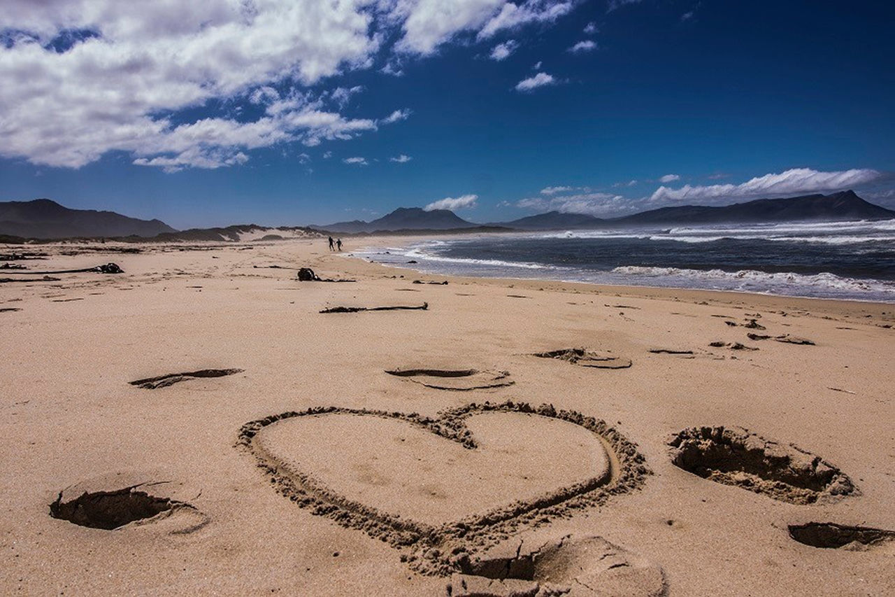 HEART SHAPE ON BEACH AGAINST SKY