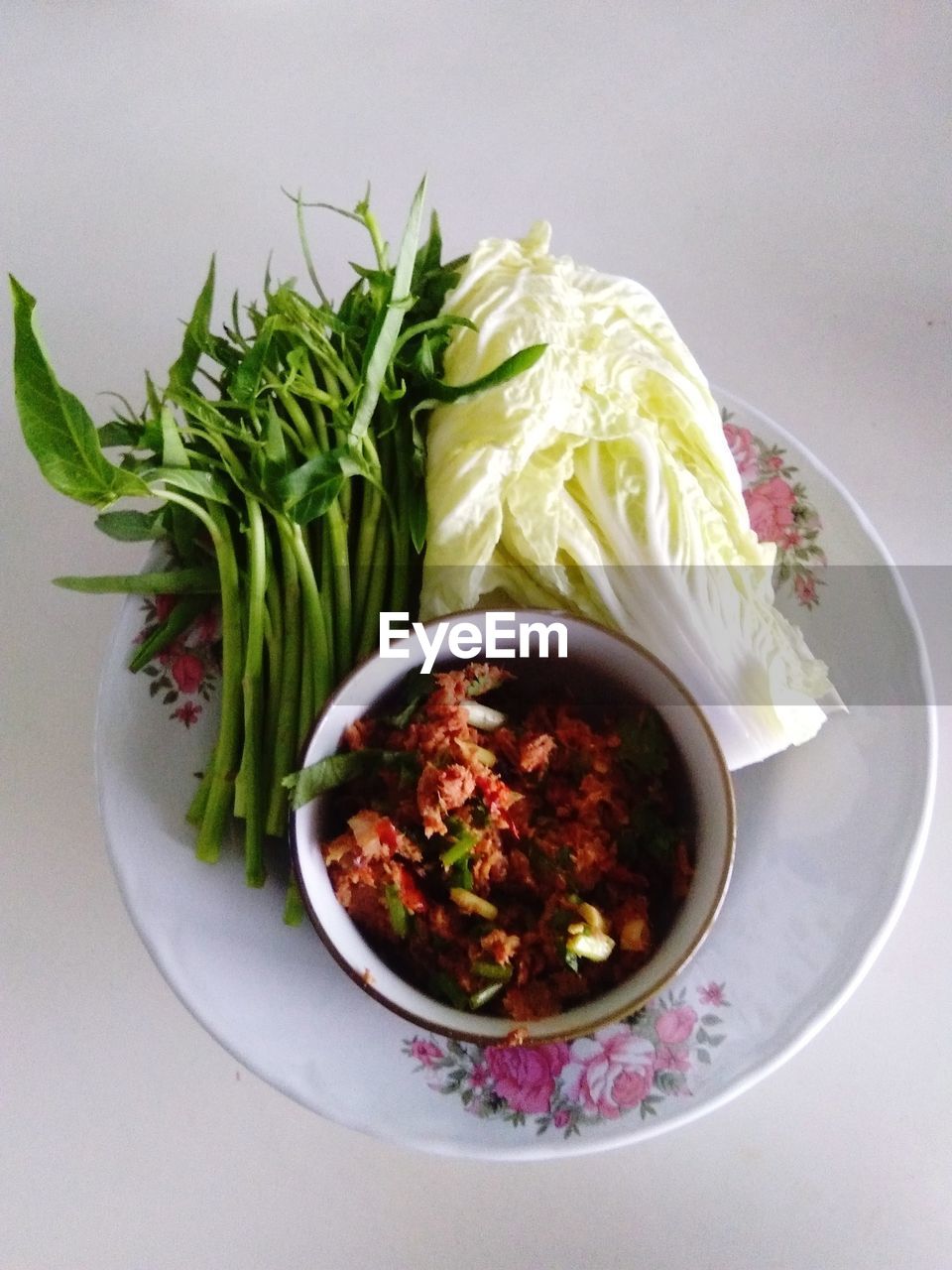 High angle view of salad in bowl on table