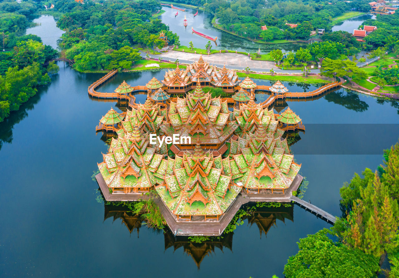 Aerial view the pavilion of the enlightenment in ancient city samut prakan of thailand