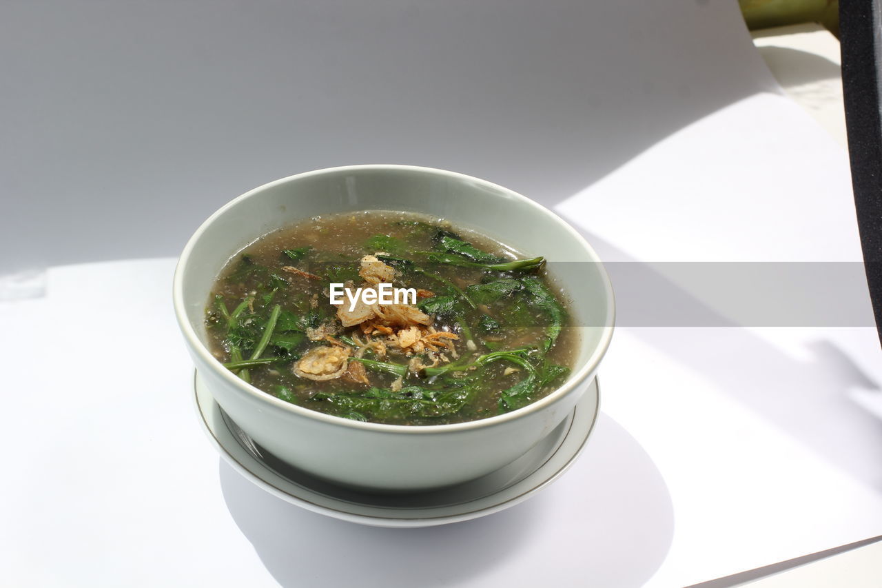 CLOSE-UP OF SOUP IN BOWL ON TABLE