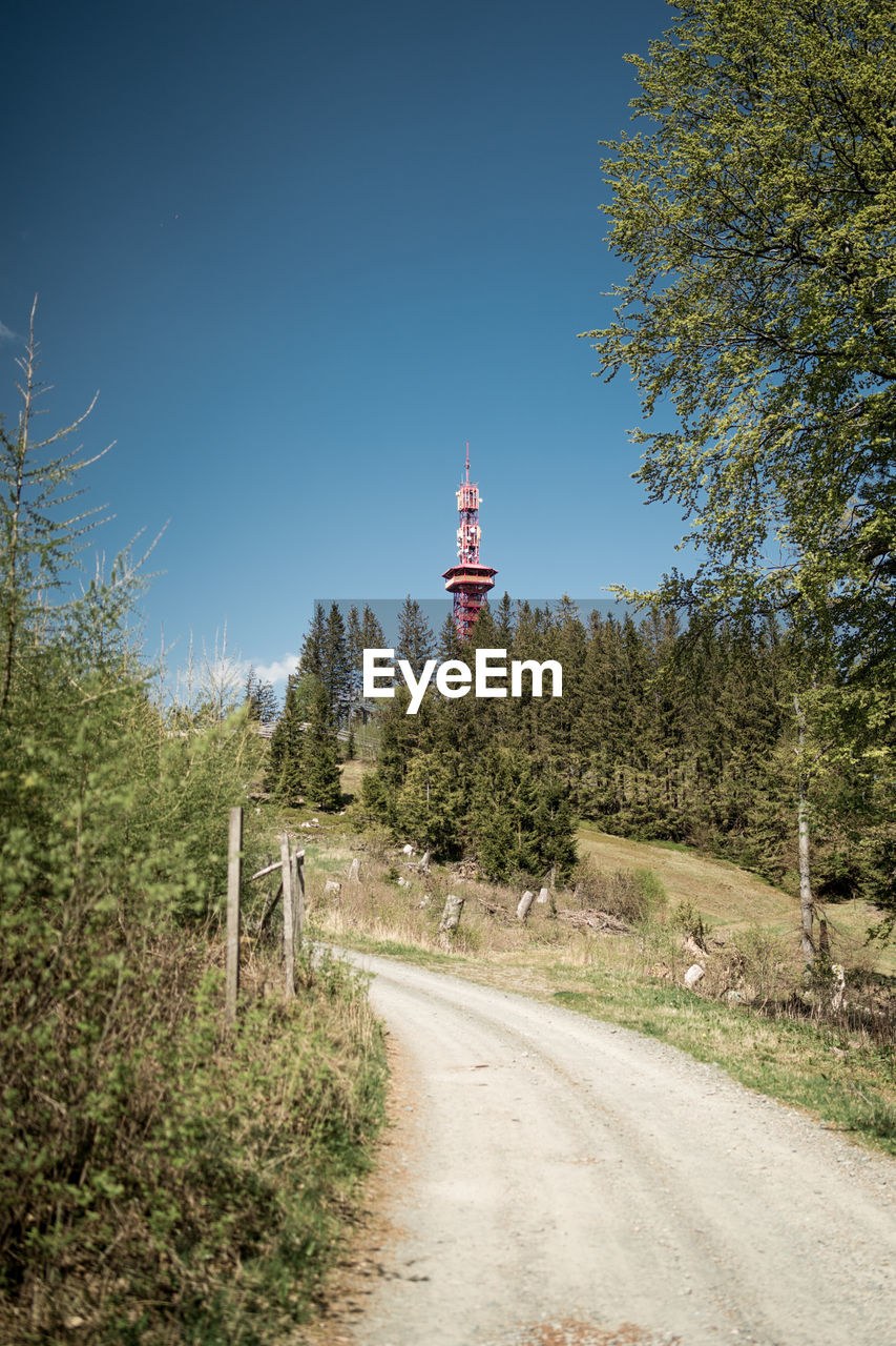 Road amidst trees and buildings against sky