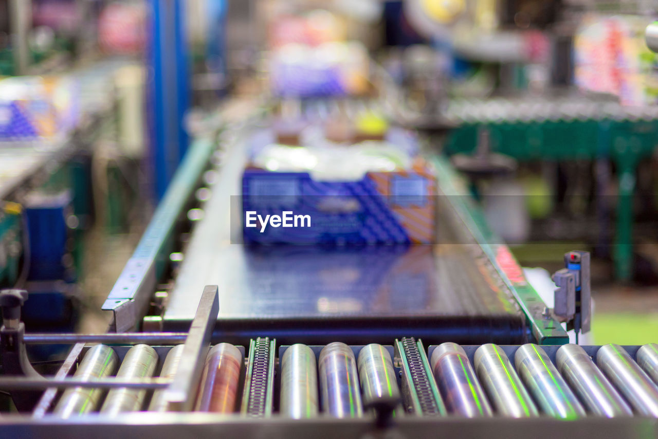 High angle view of conveyor belt in factory 