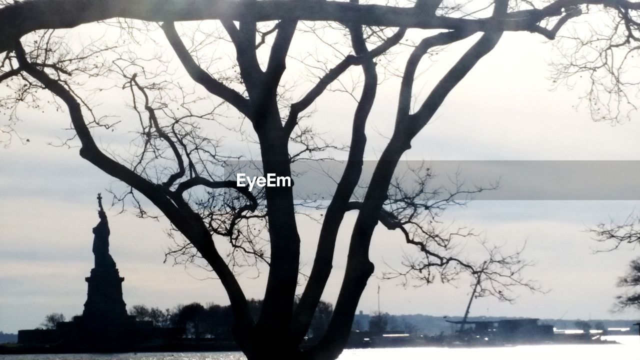 SILHOUETTE BARE TREE AGAINST LAKE