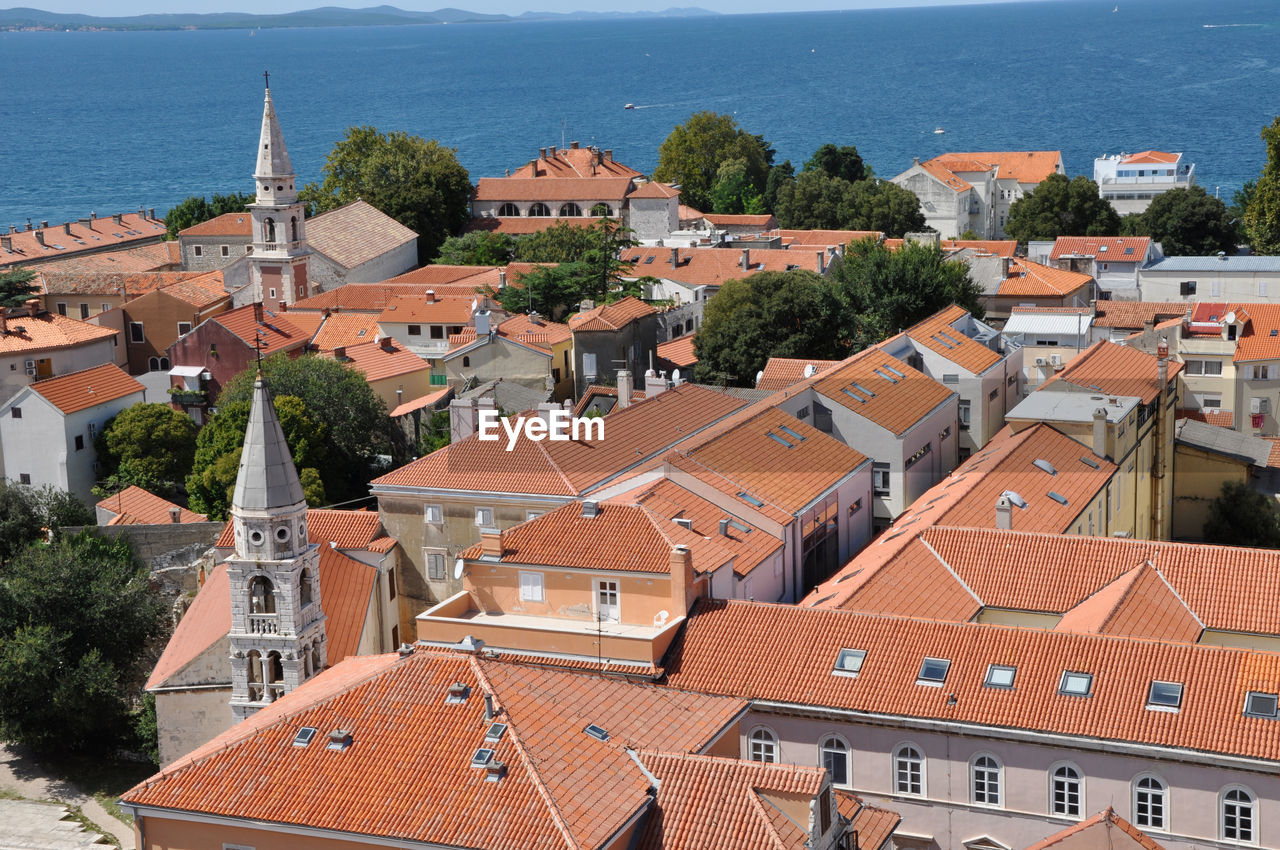 High angle view of houses in town