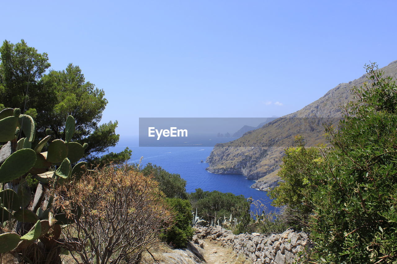 Scenic view of sea against clear blue sky