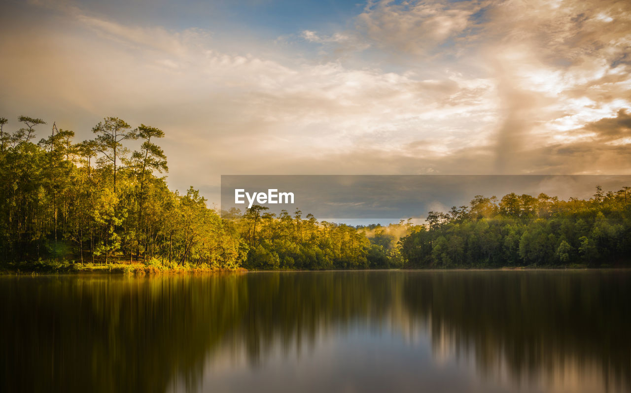 Scenic view of lake by trees against cloudy sky during sunset