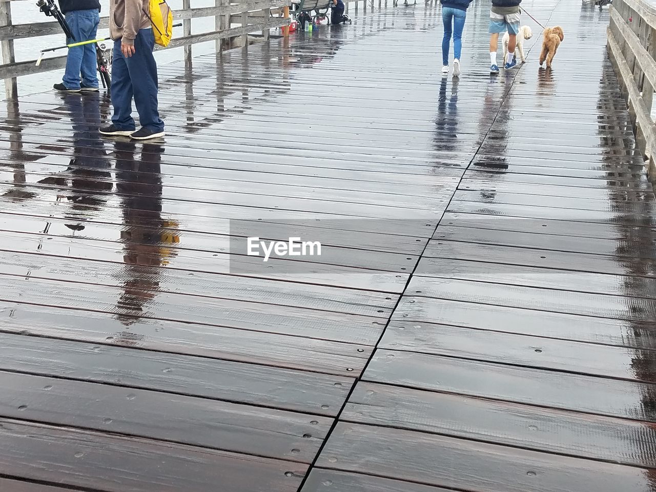 Low section of people on wet pier