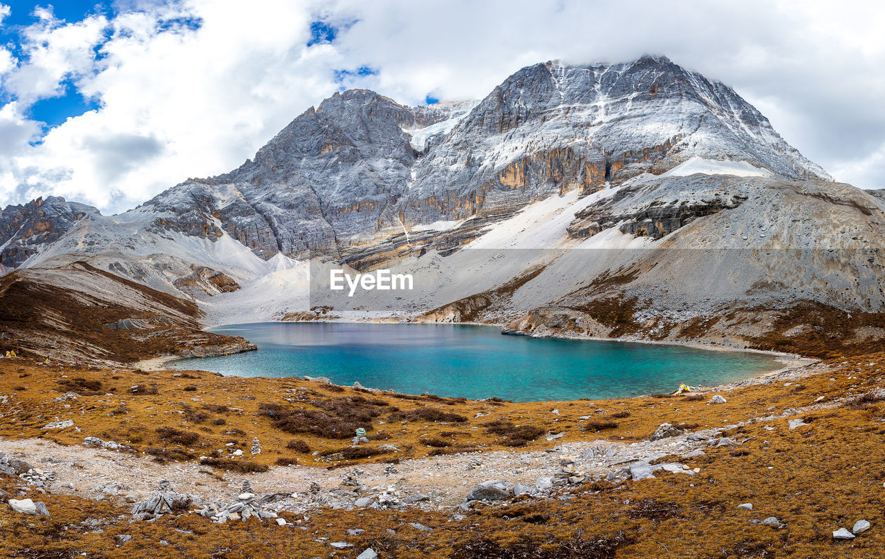 Scenic view of lake and snowcapped mountains against sky