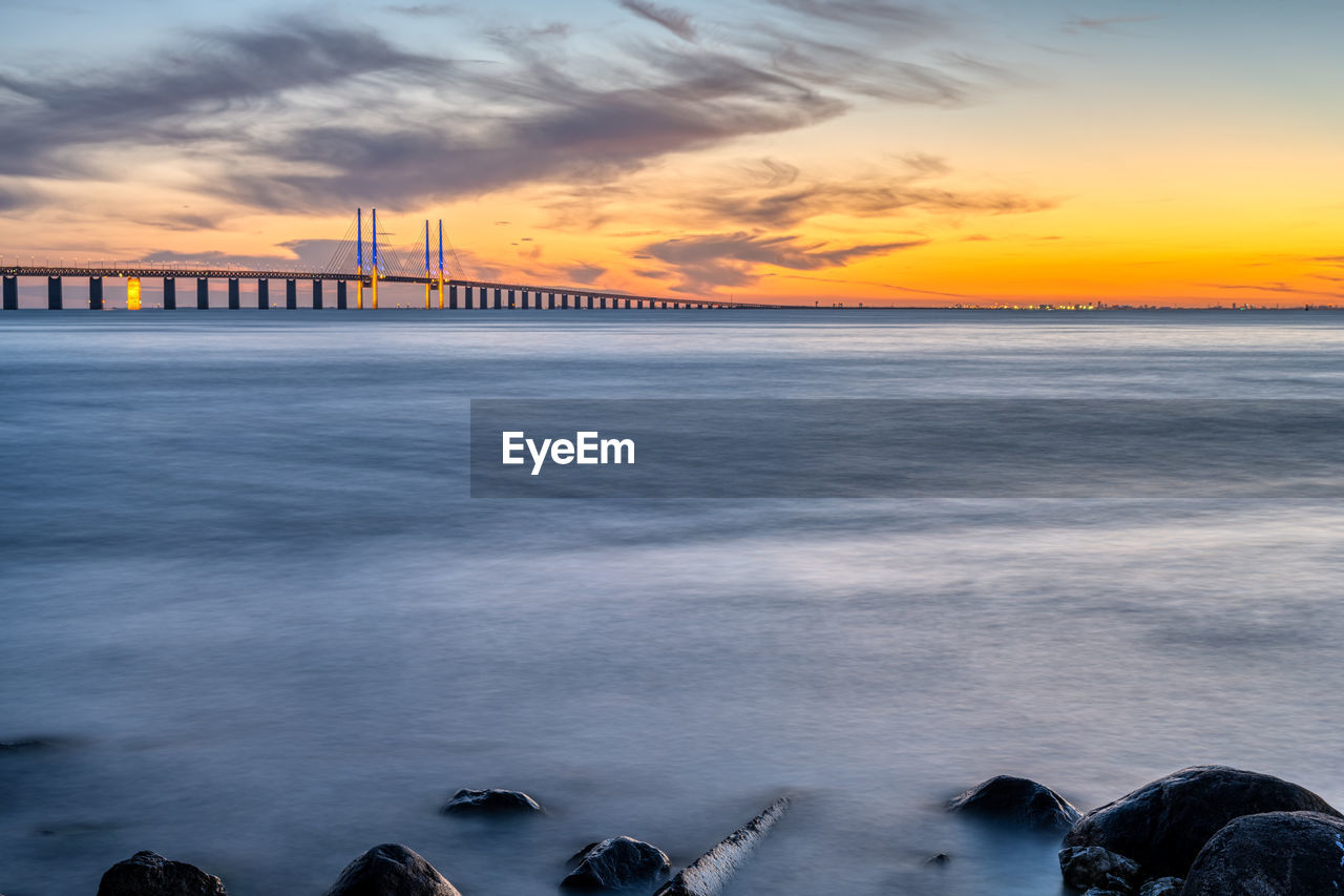 The oresund between denmark and sweden with the famous brigde after sunset