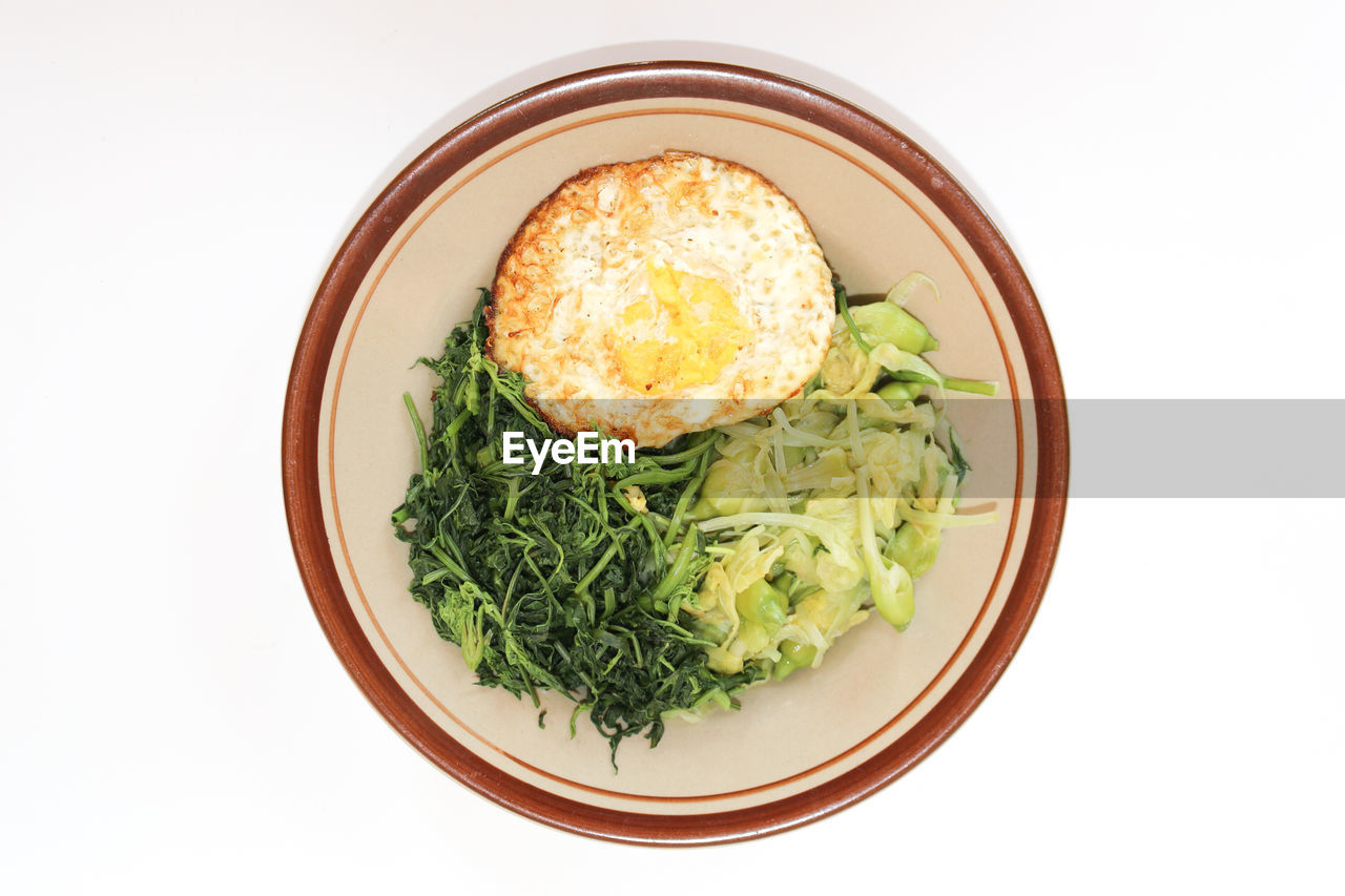 HIGH ANGLE VIEW OF BREAKFAST SERVED ON WHITE PLATE