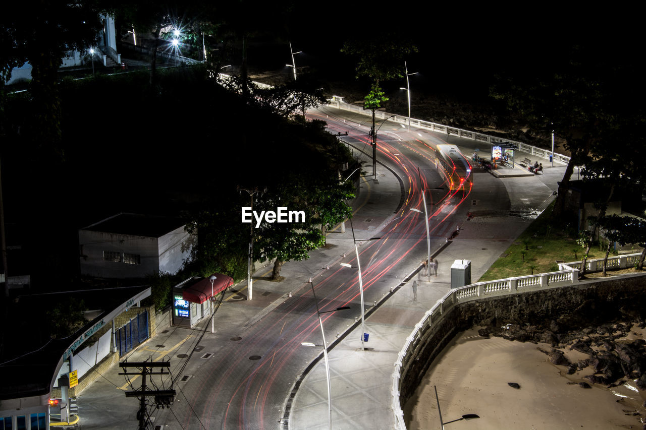 High angle view of light trails on street at night