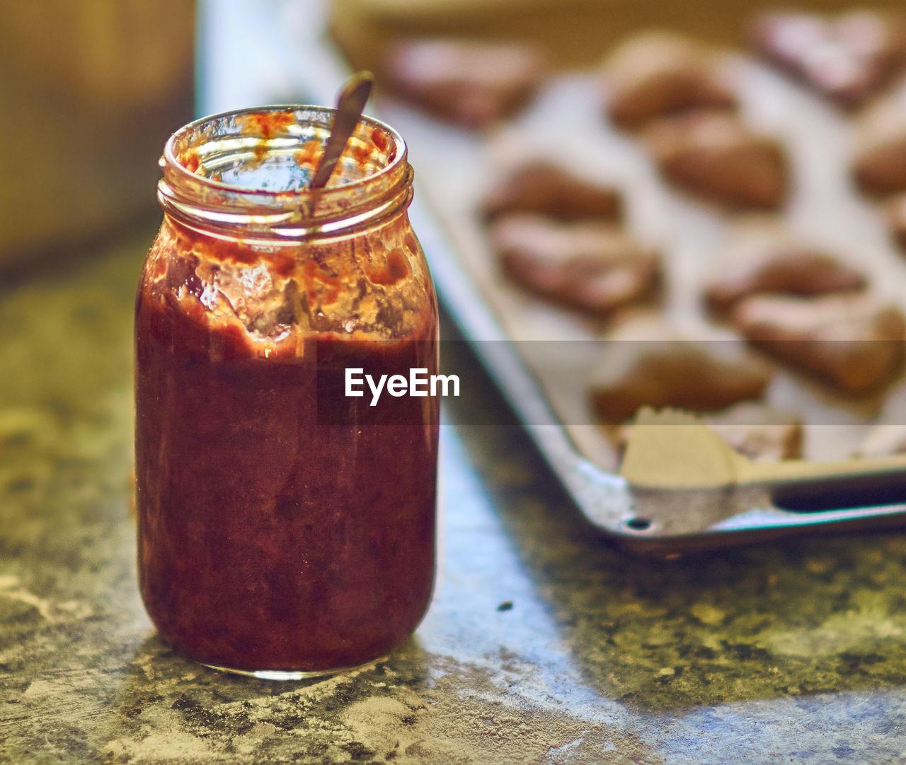 Close-up of preserves in jar on table