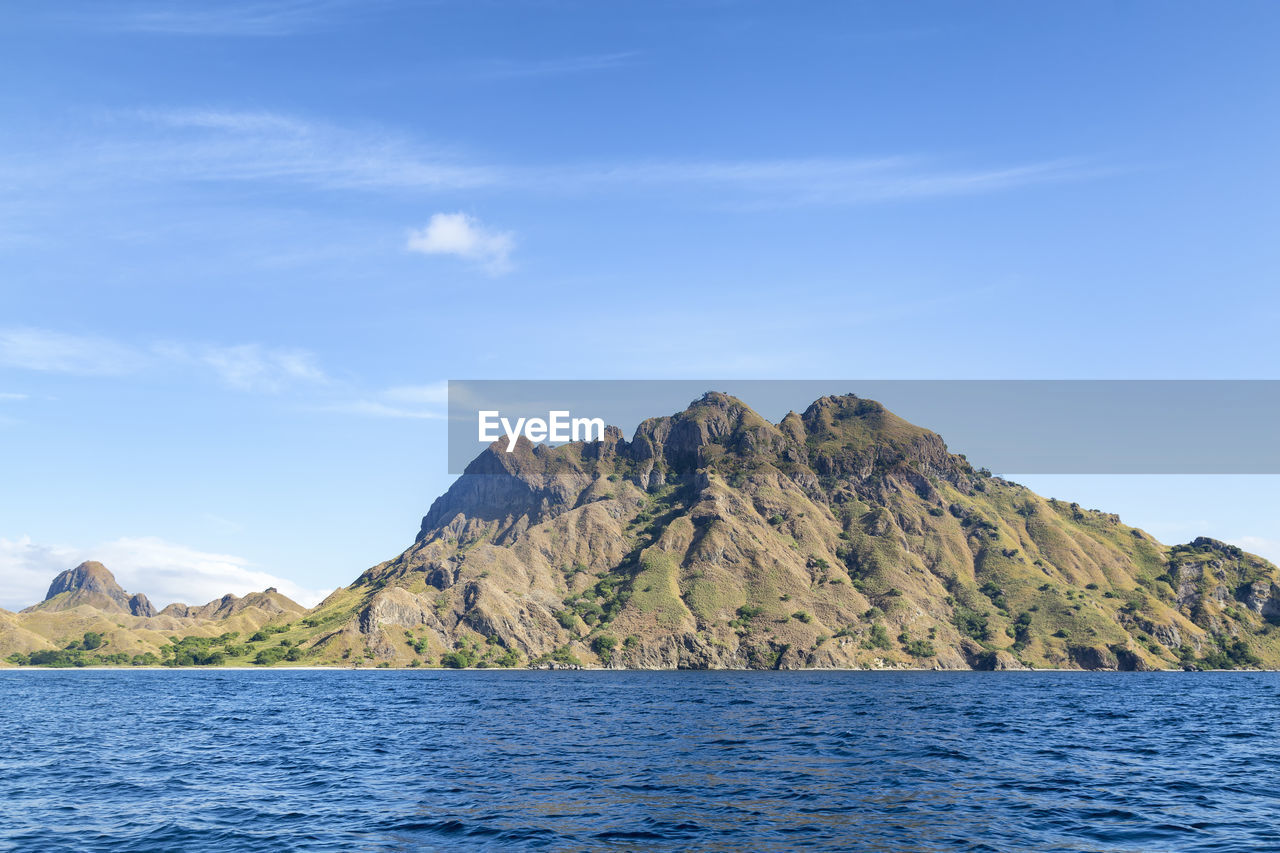 Scenic view of sea by mountain against sky