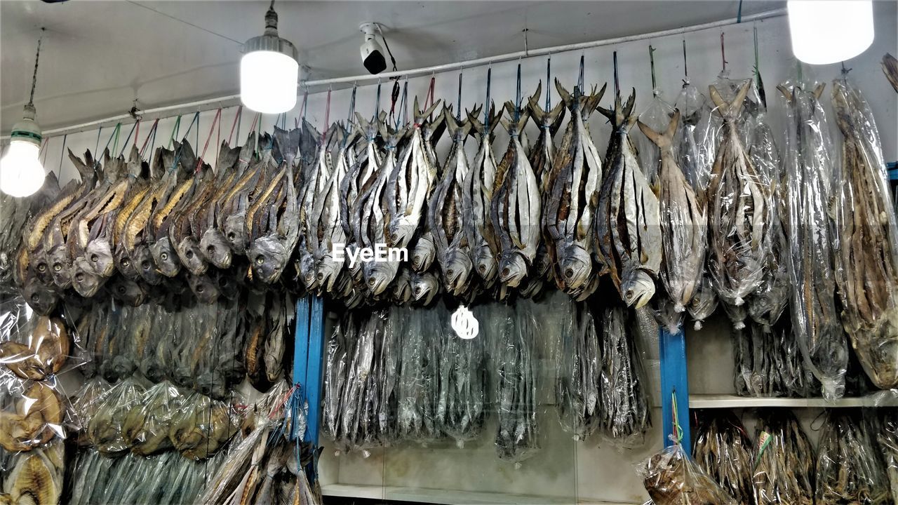 PANORAMIC SHOT OF FISH HANGING IN MARKET