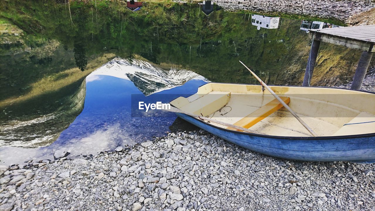 BOAT MOORED ON LAKE