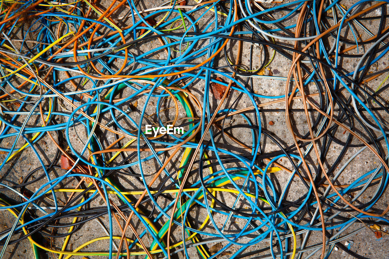 Full frame shot of colorful cables on table