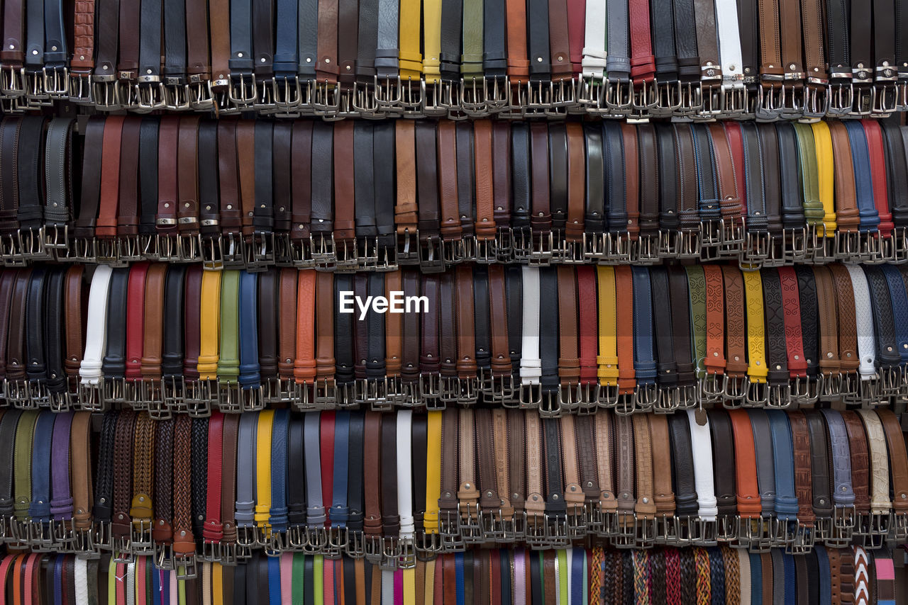 Full frame shot of colorful belts for sale at market stall