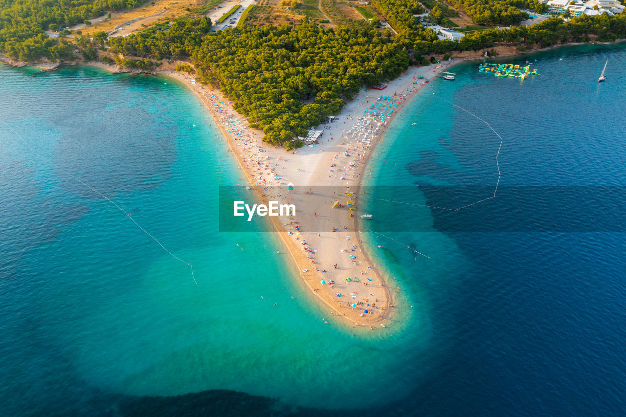 Aerial scene of zlatni rat beach on brac island, croatia