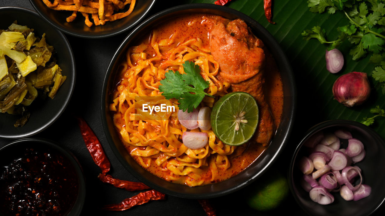 high angle view of food in bowl on table