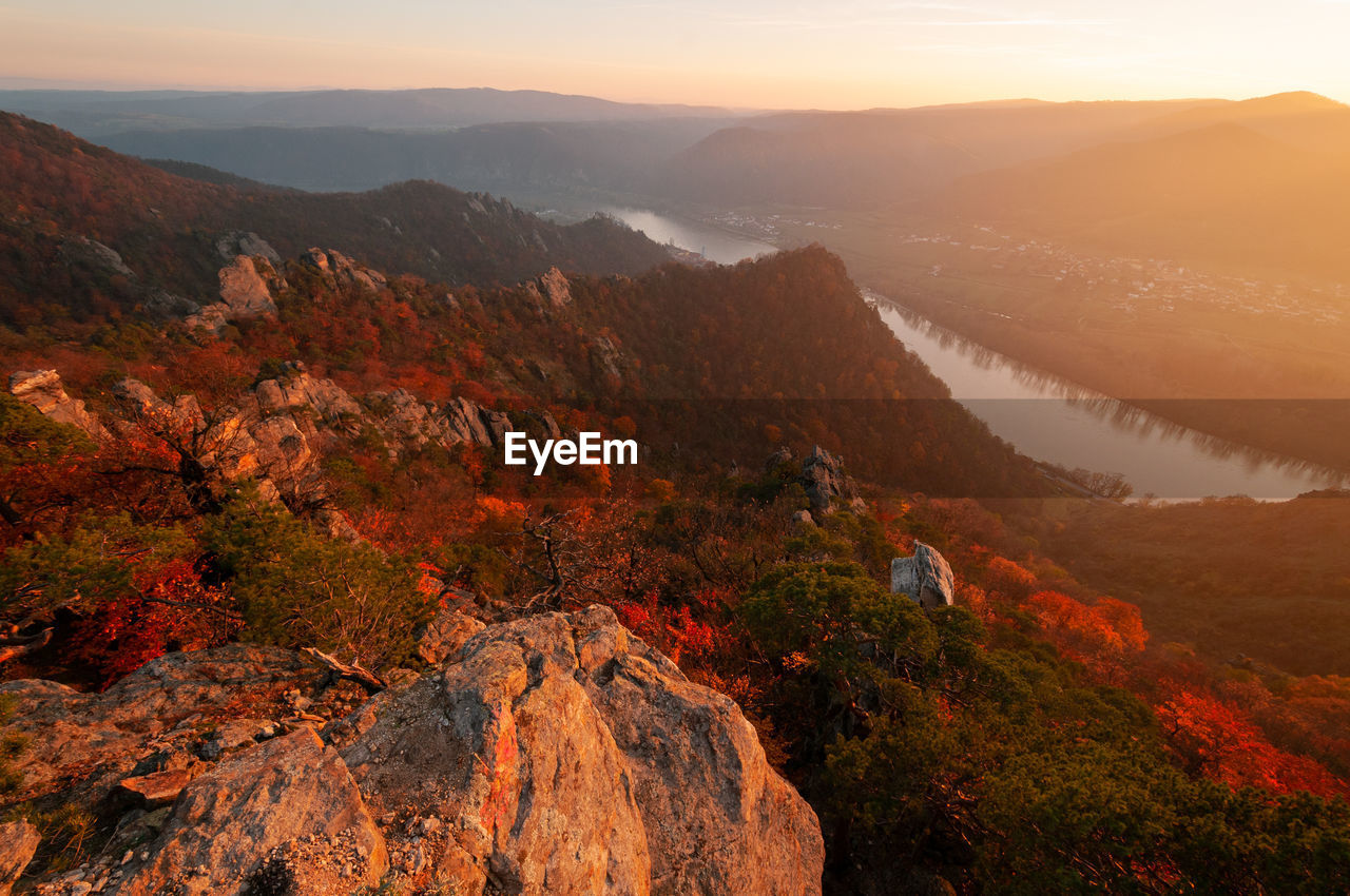 Scenic view of mountains against sky during sunset