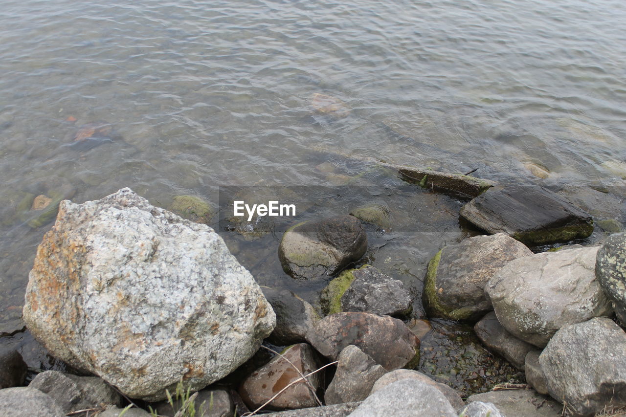 CLOSE-UP OF PEBBLES ON SEA