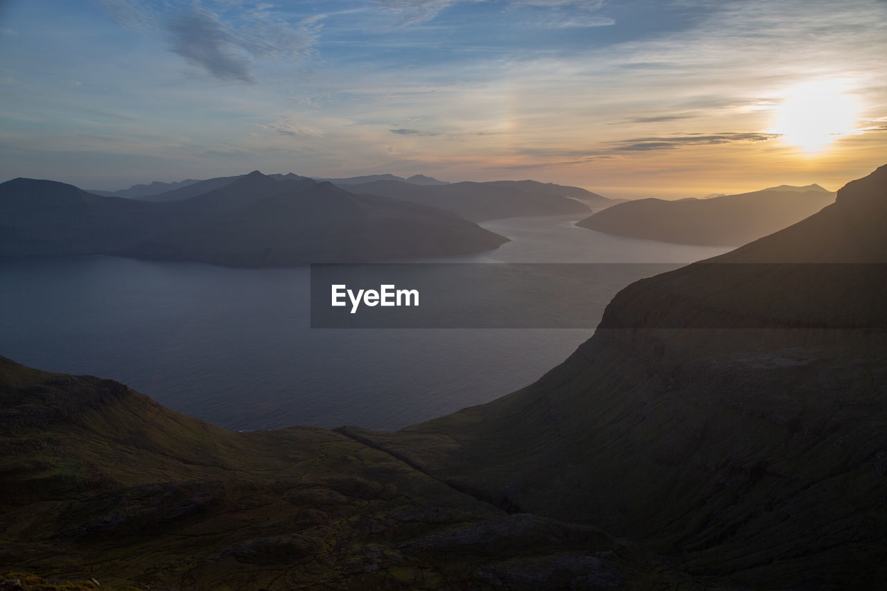 Scenic view of mountains against sky during sunset