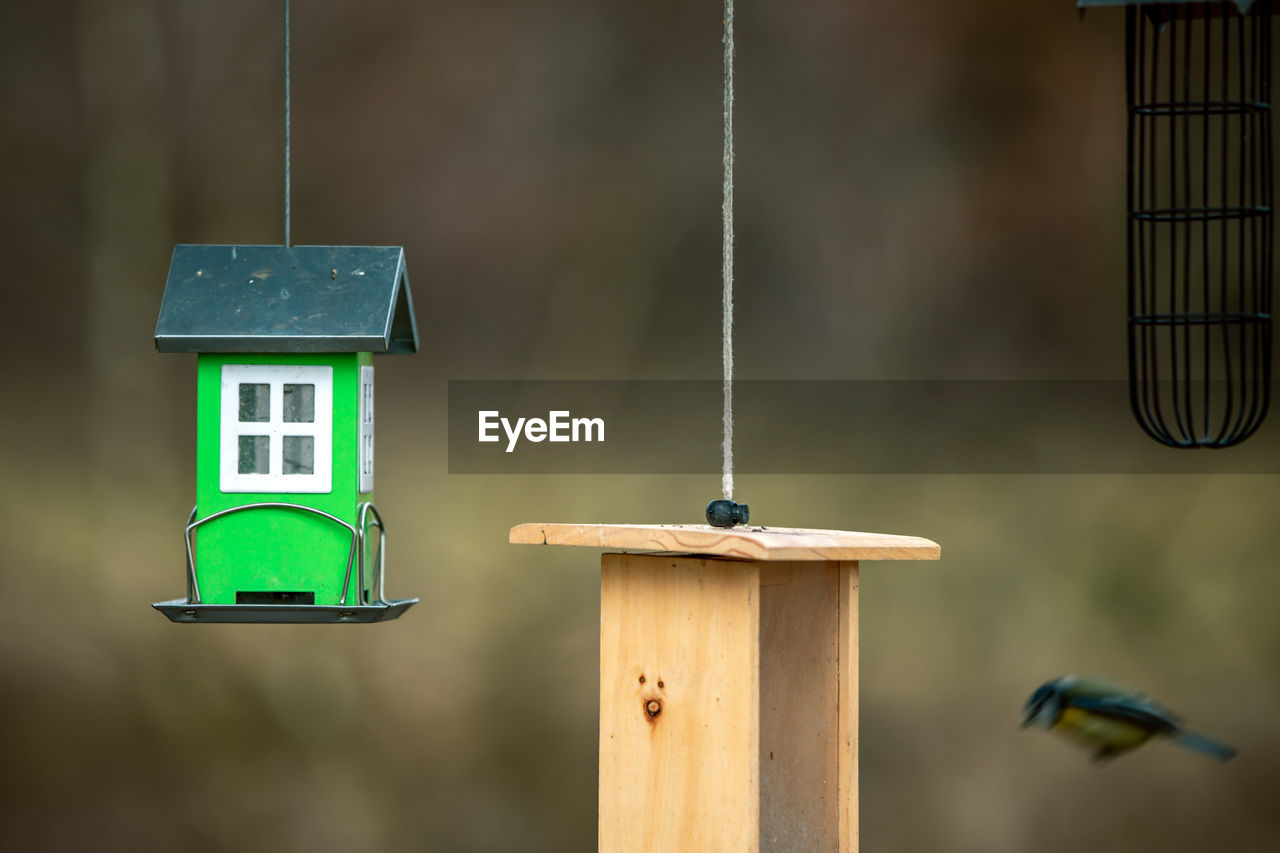 CLOSE-UP OF BIRDHOUSE HANGING ON METAL POLE