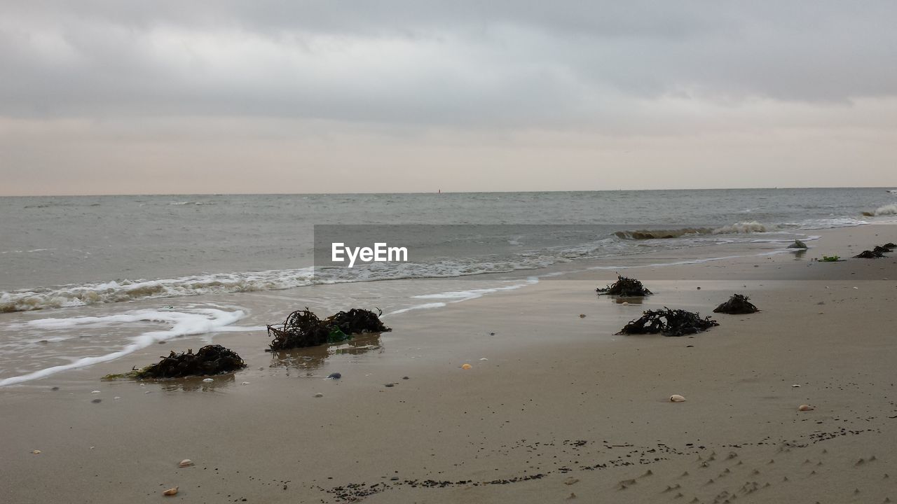 Scenic view of beach by sea against cloudy sky