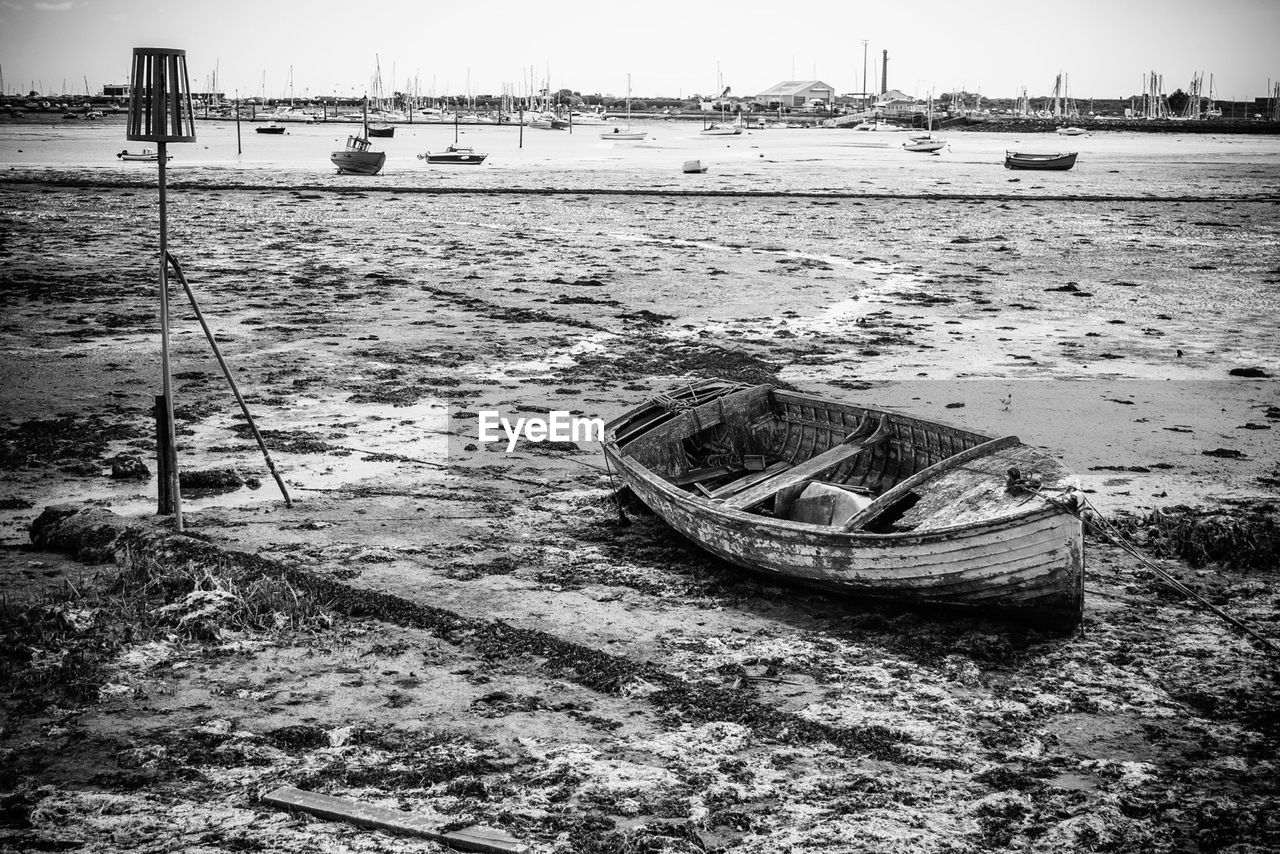 Abandoned boat on shore